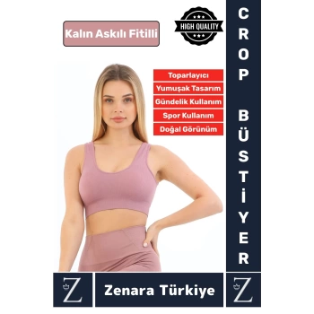 Özel Model Göğüs Toparlayan Sarkma Önleyen Gündelik Spor Kullanım Kalın Askılı Fitilli Crop Büstiyer