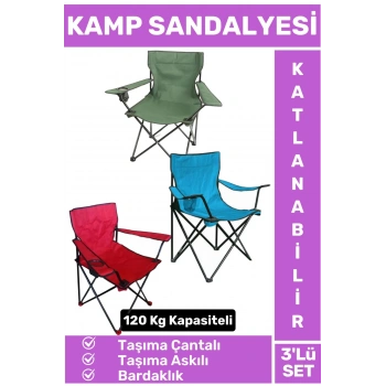 Premium 120 Kg Dayanıklı Çantalı Taşıma Askılı Bardaklık Balık Piknik Sahil Kamp Sandalyesi 3lü SET