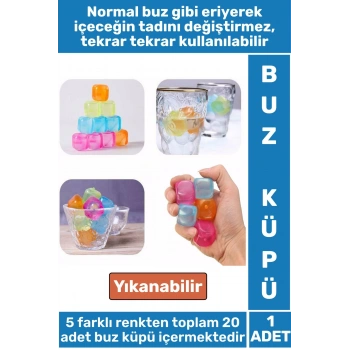 Yıkanabilir Tekrar Kullanılabilir Buzluk Banyo Havuz Kokteyl Serinlik Pratik Renkli Buz Küpü 20Adet