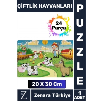 Eğlenceli Eğitici Görsel Algı Problem Çözme Becerisi Çocuk Büyük PUZZLE 24 Parça ÇİFTLİK HAYVANLARI