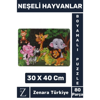 Eğlenceli Eğitici Görsel Algı Motor Becerisi Geliştiren Çocuk Boyamalı PUZZLE 80 Pr NEŞELİ HAYVANLAR