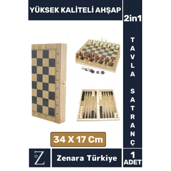 Premium Dayanıklı Ahşap Arkadaş Oyun Hediyelik Şık Ahşap Tavla Satranç 2 in 1 Oyun Seti 34 X 17 Cm
