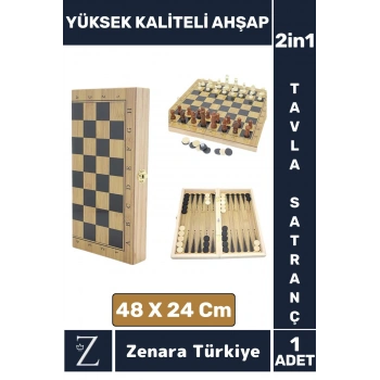 Premium Yüksek Kaliteli Ahşap Arkadaş Oyun Hediyelik Ahşap Tavla Satranç 2 in 1 Oyun Seti 48X24 Cm