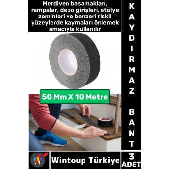 Ultra Güçlü Yapışkan İSG İş Yeri Kaygan Zemin Merdiven Siyah Kaydırmaz Bant 50 Mm X 10 Metre 3 Adet