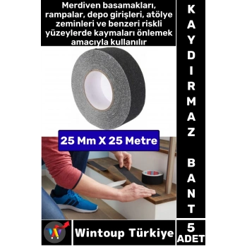 Ultra Güçlü Yapışkan İSG İş Yeri Kaygan Zemin Merdiven Siyah Kaydırmaz Bant 25 Mm X 25 Metre 5 Adet