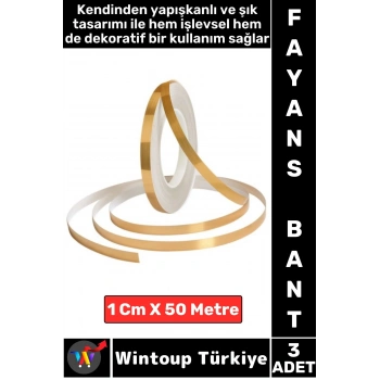 Uzun Ömürlü Kendinden Yapışkanlı Karo Zemin Fayans Derz 1 Cm X 50 Metre Gold Şerit Bant 3 Adet