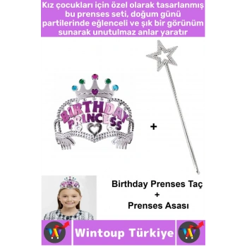 Eğlenceli Kız Çocuk Doğum Günü Birthday Princess Taşlı Detaylı Prenses Taç Sihirli Asa 2li Özel SET
