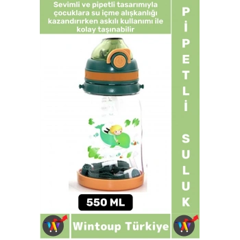 Dayanıklı Tritan Ev Ofis Çocuk Okul Spor BPA İçermeyen Askılı Eğlenceli Renkli Pipetli SULUK 550 ML