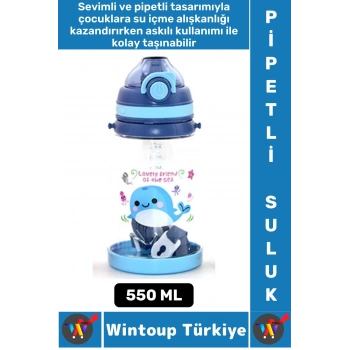 Dayanıklı Tritan Ev Ofis Çocuk Okul Spor BPA İçermeyen Askılı Eğlenceli Renkli Pipetli SULUK 550 ML