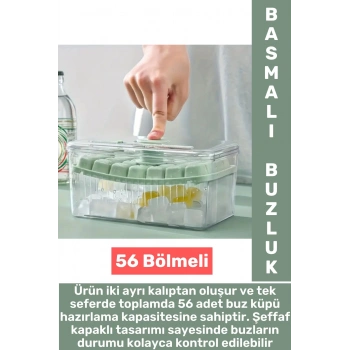Dayanıklı Sert Plastik Zahmetsiz BPA İçermez Şeffaf Kapaklı Hazneli 56 Bölmeli Basmalı Pratik Buzluk