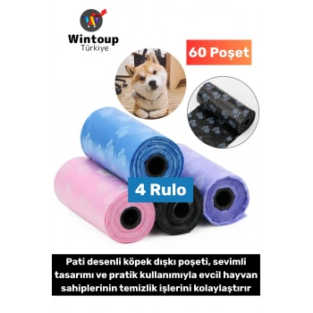 Evcil Hayvan Gezdirme Tuvalet Eğitim Hijyenik Sevimli Pati Desenli Köpek Kaka Poşeti 4 Rulo 60 Poşet