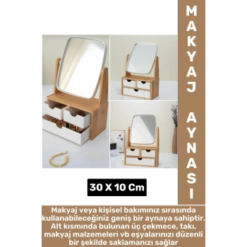 Dayanıklı Ahşap Makyaj Takı Organizer Ev Ofis Ayarlanabilir Aynalı Çok Şık Tasarım 3 Çekmeceli Ayna