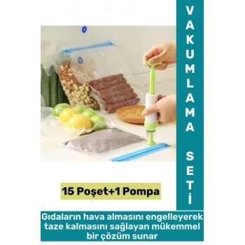 Kolay Kullanım Et Sebze Balık Gıda Manuel Pompalı Vakumlama Saklama Poşeti Özel Set 15 Poşet+1 Pompa