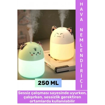 Portatif Sessiz Çalışır Şık Sevimli Kedi Tasarımlı Humidifier USB Şarjlı Oda Hava Nemlendirici 250ML