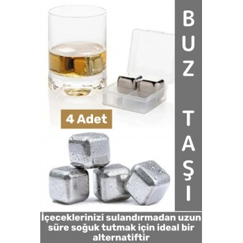 Yıkanabilir Kokteyl İçki Alkol Viski Sulandırmayan Saklama Kutulu Metal Kaplama Buz Taşı 4 Adet