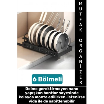 Mutfak Dolap İçi Tezgah Dağınıklık Önleyen Montajsız Teleskopik Raylı Tava Tencere Organizeri