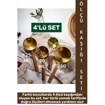 Pratik Mutfak Yemek Hazırlık Bakliyat Sıvı Ölçüm Estetik Gold Renk 4lü Ahşap Saplı Metal Ölçü Kaşığı