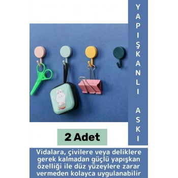 İz Bırakmaz Montaj Gerektirmez Mutfak Banyo Ev Ofis Kendinden Yapışkanlı Renkli Duvar Askısı 2 Adet