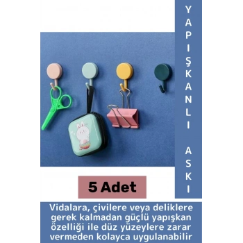 İz Bırakmaz Montaj Gerektirmez Mutfak Banyo Ev Ofis Kendinden Yapışkanlı Renkli Duvar Askısı 5 Adet