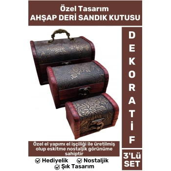 Özel El İşçiliği Vintage Eskitmeli Nostaljik Dekoratif Hediyelik Ahşap Deri 3lü SANDIK KUTUSU