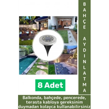 Premium Suya Dayanıklı Çim Zemin Bahçe Peyzaj 8 Ledli Kazıklı Solar Güneş Enerjili Aydınlatma 8 Adet