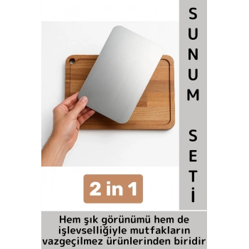 Dayanıklı Mutfak Kesme Sunum Çok Amaçlı Şık Ahşap Çelik Çıkarılabilir Kesme Tahtası Sunum Set 2 in 1