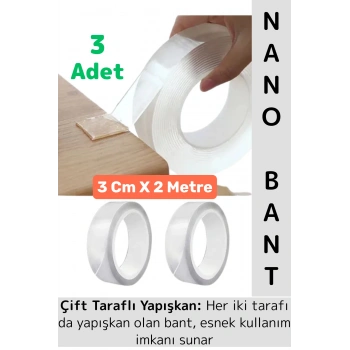 Ultra Güçlü Esnek Kesilebilir Kolay Kullanım Estetik Çift Taraflı Nano Şeffaf Bant 3 CmX2 Metre 3 Ad