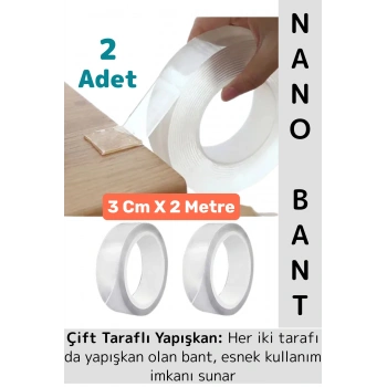 Ultra Güçlü Esnek Kesilebilir Kolay Kullanım Estetik Çift Taraflı Nano Şeffaf Bant 3 CmX2 Metre 2 Ad