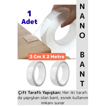 Ultra Güçlü Esnek Kesilebilir Kolay Kullanım Estetik Çift Taraflı Nano Şeffaf Bant 3 Cm X 2 Metre