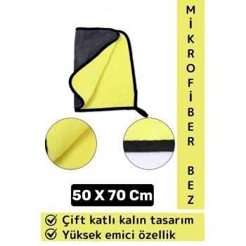 Araç İç Dış Temizleme Yüksek Emici Çift Katlı Kalın Yünlü Mikrofiber Araba Temizlik Bezi 50x70 Cm