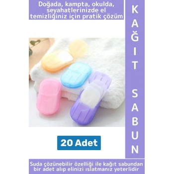 Seyahat Tipi Kamp Outdoor Okul Ofis Hafif Suda Kolay Çözünen Sabunluk Tasarımlı Kağıt Sabun 20 Adet