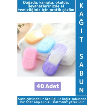 Seyahat Tipi Kamp Outdoor Okul Ofis Hafif Suda Kolay Çözünen Sabunluk Tasarımlı Kağıt Sabun 40 Adet