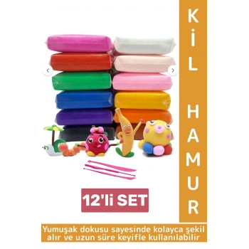 Eğlenceli Sağlığa Zararsız Hava İle Kuruyan Esnek Kolay Şekil Alır Çocuk Kil Oyun Hamuru 12li