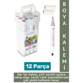 Yüksek Kaliteli Okul Hobi Sanat Çizim Canlı Renkli Çift Taraflı Marker Kutulu Boya Kalemi 12 Parça