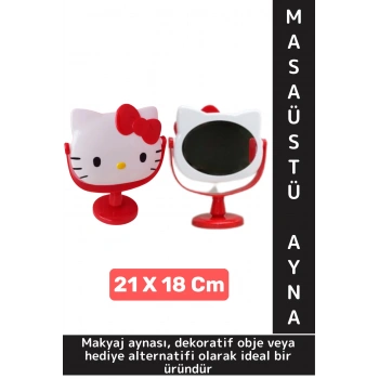 Dekoratif Hediye Sevimli Figür Hello Kitty Tasarımlı Komodin Makyaj Masası Masa Üstü Ayna 21 X 18 Cm