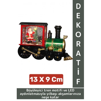 Dekoratif Çok Şık Hediyelik Masaüstü Ev Ofis Noel Yılbaşı Temalı Trenli Işıklı Kar Küresi 13 X 9 Cm