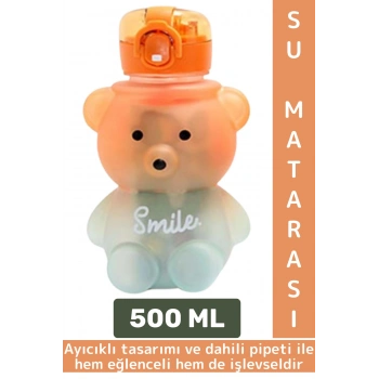 Dayanıklı Ev Ofis Çocuk Okul Outdoor Sızdırmaz Kapaklı Sevimli Ayıcıklı Pipetli Su Matarası 500 ML