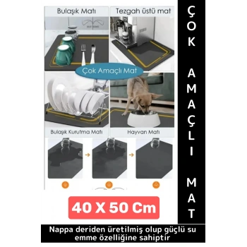 Kaymaz Kauçuk Güçlü Su Emici Tezgah Üstü Banyo Mutfak Bulaşık Kapı Önü Çok Amaçlı Mat 40 X 50 Cm