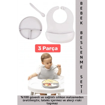 Kaymaz Sağlıklı Önlük Diş Kaşıyıcılı Kaşık Vakumlu Tabak 3 Parça Silikon Bebek Beslenme Seti Gri