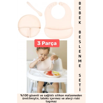 Kaymaz Sağlıklı Önlük Diş Kaşıyıcılı Kaşık Vakumlu Tabak 3 Parça Silikon Bebek Beslenme Seti Krem