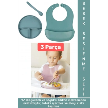 Kaymaz Sağlıklı Önlük Diş Kaşıyıcılı Kaşık Vakumlu Tabak 3 Parça Silikon Bebek Beslenme Seti Yeşil