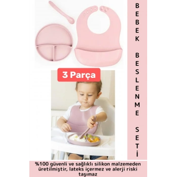 Kaymaz Sağlıklı Önlük Diş Kaşıyıcılı Kaşık Vakumlu Tabak 3 Parça Silikon Bebek Beslenme Seti Pembe