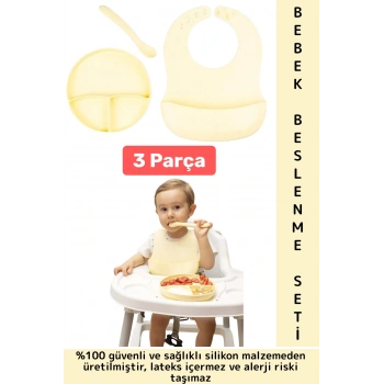 Kaymaz Sağlıklı Önlük Diş Kaşıyıcılı Kaşık Vakumlu Tabak 3 Parça Silikon Bebek Beslenme Seti Sarı