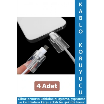 Premium Telefon Şarj Kablosu Aşınma Yıpranma Kırılma Önleyici Şeffaf Silikon Kablo Koruyucu 4 Adet