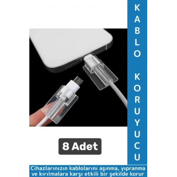 Premium Telefon Şarj Kablosu Aşınma Yıpranma Kırılma Önleyici Şeffaf Silikon Kablo Koruyucu 8 Adet