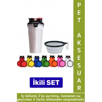 Günlük Seyahat Tipi Evcil Hayvan 2 İç Bölmeli Portatif Pet Kedi Köpek Mama Su Kabı Taşıma Seti