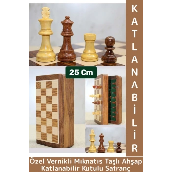 Premium Yüksek Kaliteli Özel Vernikli Mıknatıs Taşlı Ahşap Katlanabilir Kutulu Satranç Takımı 25 Cm