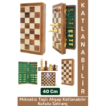 Premium Yüksek Kaliteli Özel Mıknatıs Taşlı Ahşap Katlanabilir Kutulu Satranç Takımı 40 Cm