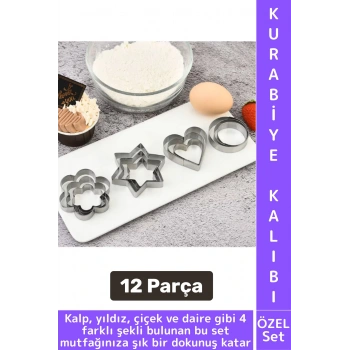 Yanmaz Yapışmaz Şık Yıldız Daire Çiçek Kalp Tasarım Mutfak Omlet Kek Kurabiye Kalıbı Seti 12 Parça