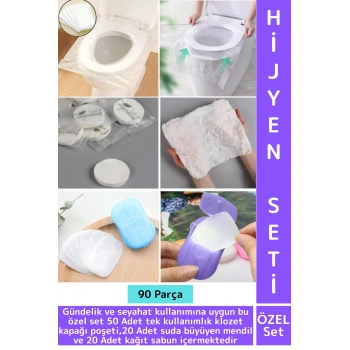 Seyahat 50 Adet Klozet Kapak Örtüsü 20 Adet Suda Büyüyen Mendil 20 Adet Kağıt Sabun Özel Hijyen Seti